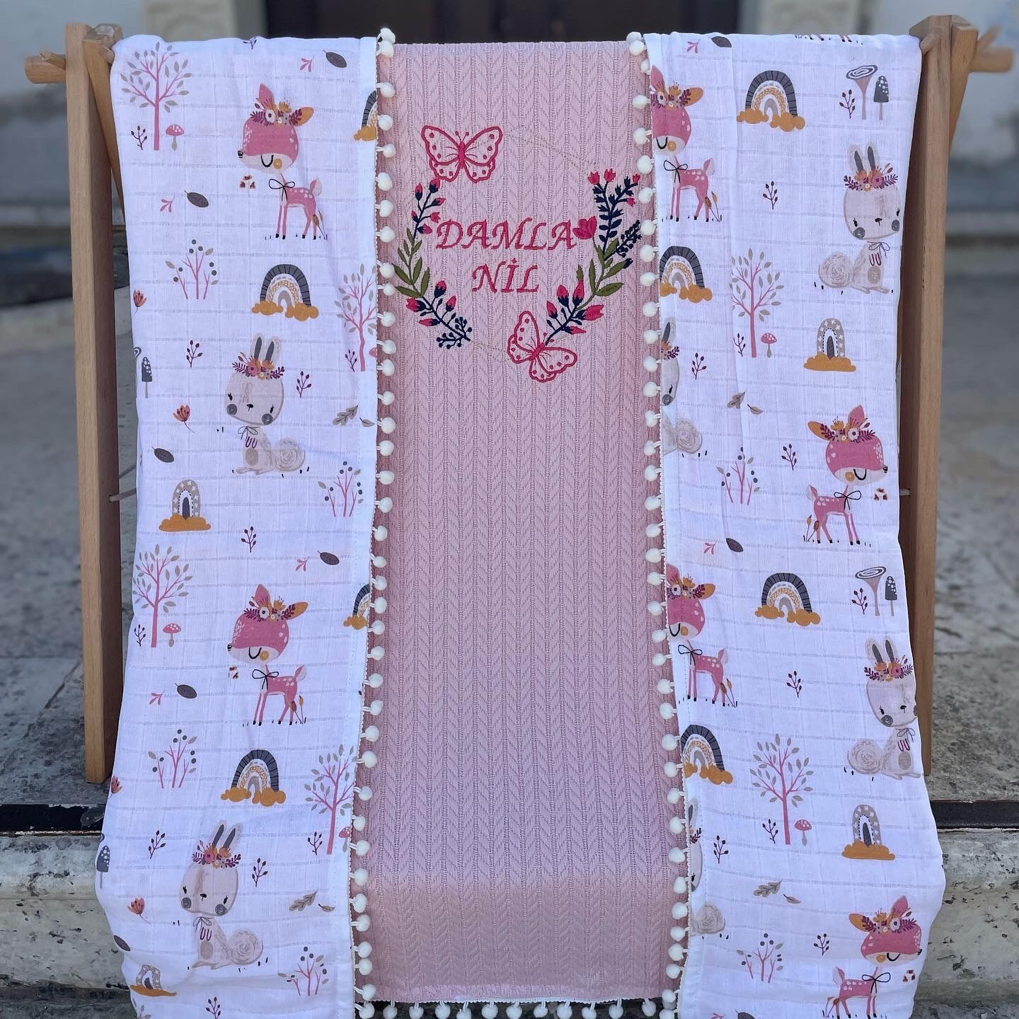 Pembe Örgü Battaniye - Müslin Ceylanlı Model